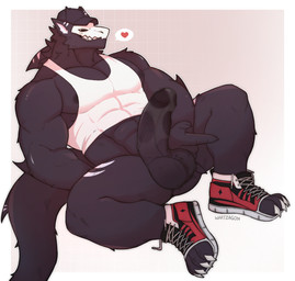 abs anthro balls biceps black_body black_fur black_penis bodily_fluids bone clothed clothing erection footwear fur genital_fluids genitals hat headgear headwear humanoid_genitalia looking_at_viewer male male/male muscular muscular_anthro muscular_male nipples nude pecs penis shirt shoes simple_background skull skull_head smile smiling_at_viewer solo tail tank_top teeth topwear wartzagon fish marine shark digital_drawing_(artwork) digital_media_(artwork) hi_res