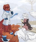 anthro beverage boots bottomless clothed clothing cloud duo female food footwear fur holding_object multi_tail outside shoes sky snow snowing tail white_body white_fur winter demicoeur krinele_fullin molly_fullin canid canine dreamspinner fox mammal digital_media_(artwork)