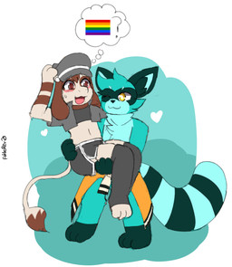 bridal_carry carrying_another clothing flustered jacket pride_color_flag surprised topwear flin_(fokkorev) mammal procyonid raccoon absurd_res hi_res
