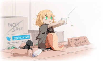 ambiguous_gender apode begging blonde_hair bottle box cardboard clothing container currency_symbol dollar_sign duo eyebrows feral green_eyes hair holding_glass holding_object homeless in_box in_container legless money open_mouth outside serpentine split_form symbol text torn_clothing twitter_logo young materclaws twitter canid canine canis domestic_dog draconcopode lamia mammal reptile scalie snake 2019 english_text