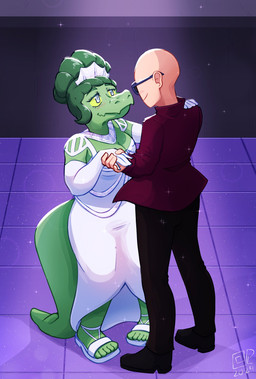 5_fingers 5_toes anthro armwear bald big_tail blush breasts cleavage clothed clothing dancing detailed_background dress duo elbow_gloves eyelashes feet female female_on_human fingers footwear freckles gloves green_body green_hair green_scales grey_eyes hair hand_holding hand_on_shoulder handwear inside jacket light-skinned_male light_body light_skin long_tail male scales shoes smile snout tail toeless_footwear toeless_shoes toes topwear yellow_sclera paperloops cavemanon_studios i_wani_hug_that_gator inco_(iwhtg) olivia_halford baryonyx dinosaur human mammal prehistoric_species reptile scalie spinosaurid theropod 2024 absurd_res dated digital_drawing_(artwork) digital_media_(artwork) hi_res signature