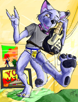 anthro barefoot bedroom black_nose black_pawpads blue_seam_briefs blue_seam_underwear briefs childish_briefs childish_underwear claws clothing collar colored_seam_underwear controller electronics feet game_controller grey_clothing grey_shirt grey_t-shirt grey_topwear guitar_controller holding_object inside male one_eye_closed open_mouth open_smile pawpads pokemon_briefs pokemon_clothing pokemon_underwear print_briefs print_clothing print_underwear purple_tongue shirt smile solo t-shirt teeth_showing television tighty_whities tongue topwear underwear white_briefs white_clothing white_underwear wink zotter nintendo pokemon underoos canid canine canis fox generation_1_pokemon hybrid mammal pikachu pokemon_(species) wolf 2009
