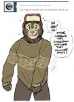 anthro bottomless clothed clothing dialogue embarrassed hat headgear headwear looking_at_viewer male solo sweater text topwear artdecade tumblr willy_(artdecade) bear mammal sloth_bear ursine comic english_text