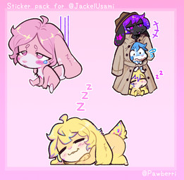 blonde_hair blue_highlights blue_sclera blush blush_lines blush_stickers chest_tuft chibi clothing coat fedora floppy_ears fur hair half-closed_eyes hat headgear headwear highlights_(coloring) multicolored_body multicolored_fur narrowed_eyes pink_body pink_fur pink_hair purple_highlights sleeping smile smirk smug smug_face sound_effects teary_eyes topwear totem_pole_trench trenchcoat tuft two_tone_body two_tone_fur vowelless vowelless_sound_effect white_body white_fur wide_eyed yellow_body yellow_fur zzz pawberry jackel_(jackel_usami) jolt_(jackel_usami) jupiter_(jackel_usami) star_(jackel_usami) lagomorph leporid mammal rabbit