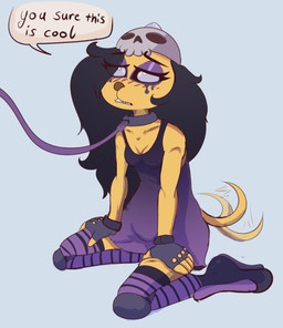 alternate_costume alternative_fashion anthro armor black_hair blush blush_lines breasts brown_nose clothed clothing collar dialogue dress eyelashes eyeshadow female fingerless_gloves footwear gloves goth hair half-closed_eyes hands_on_legs handwear headgear helmet knee_highs knee_pads knee_socks kneeling leash leashed_collar legwear long_hair makeup mascara motion_lines narrowed_eyes nipple_outline no_bra purple_eyeshadow purple_mascara running_makeup running_mascara shoes simple_background skull_helmet small_breasts socks solo speech_bubble tail tail_motion tailwag text thigh_highs white_eyes yellow_body radicalweegee adventure_time cartoon_network bronwyn_(adventure_time) canid canine canis domestic_dog mammal rainicorn full-length_portrait hi_res portrait