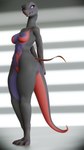 anthro areola black_body breasts feet female fingers genitals hands_behind_back medium_breasts nipples nude pupils purple_areola purple_eyes purple_nipples pussy ribbons slit_pupils smile solo standing tail toes hopeakiilto nintendo pokemon generation_7_pokemon pokemon_(species) reptile salazzle scalie 3d_(artwork) 4k 9:16 absurd_res blender_(artwork) digital_media_(artwork) hi_res