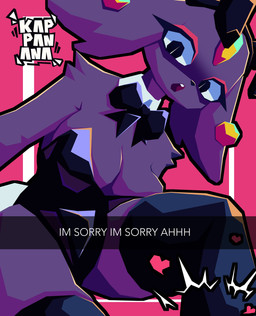 angry anthro big_breasts big_ears black_bow_tie black_clothing black_eyes black_leotard black_nose bow_tie breasts bunny_costume cleavage clothed clothing costume ear_piercing fake_ears fake_rabbit_ears female floppy_ears forehead_gem front_view fur gem heart_symbol legwear leotard lop_ears open_mouth piercing pink_background pupils purple_body purple_fur simple_background slit_pupils solo text thick_thighs thigh_highs wide_hips kappanana nine_sols red_candle_games goumang_(nine_sols) felid feline mammal solarian absurd_res hi_res