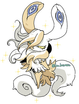 2_tails 4_eyes ambiguous_gender anthro bilateral_gynandromorphism ear_eyes eyes_closed floating floppy_ears fur genetic_chimerism heterochromia lop_ears mane multi_eye multi_tail multicolored_body pseudo_clothing simple_background solo sparkles tail two_tone_body unusual_anatomy unusual_eye_placement white_background yellow_body yellow_fur sw_karasu nintendo pokemon pokemon_legends_z-a generation_9_pokemon mega_evolution mega_meowstic pokemon_(species) shiny_pokemon 2026 hi_res japanese_description signature