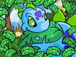 2004 4:3 ambiguous_gender blue_body blue_skin chomby_(neopets) cloud detailed_background digital_media_(artwork) dinosaur eating feral flower green_eyes jumpstart_games leaf mountain neopet_(species) neopets official_art outside plant reptile scalie smile solo spikes sun the_neopets_team tree
