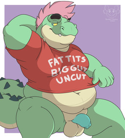 anthro balls belly bottomless clothed clothing foreskin genitals green_body hair humanoid_genitalia humanoid_penis male moobs overweight overweight_male penis pink_hair shirt shirt_only smile solo tail text topwear topwear_only pondart_studios fat_tits_big_gut_uncut meme_clothing vic_(victorystarz) alligator alligatorid crocodilian mammal reptile scalie hi_res meme