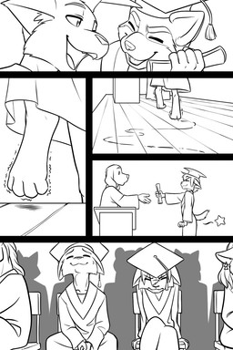 4_toes 5_fingers adolescent anthro bangs barefoot biped bodily_fluids chair closed_smile clothed clothed_anthro clothed_female clothed_male clothing cute_fangs digitigrade eyebrow_through_hair eyebrows eyes_closed fangs feet female female_adolescent female_anthro fingers frown furniture graduation graduation_cap graduation_gown graduation_robe hair holding_object humanoid_hands laugh looking_at_another male male_adolescent male_anthro mouth_closed nervous nervous_smile nervous_sweat on_chair open_mouth open_smile pain raised_tail shaking short_hair sitting sitting_on_chair smile star_symbol sweat sweatdrop tail teeth text toes translucent translucent_hair trembling uncomfortable walking young young_anthro young_female young_male black-kitten sebastien_(black-kitten) serah_(black-kitten) toby_(black-kitten) canid canine canis domestic_dog felid feline lynx mammal procyonid raccoon 2025 2:3 black_and_white comic english_text hi_res monochrome multiple_scenes