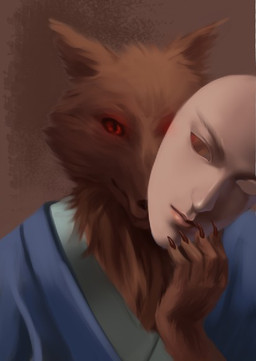 ambiguous_gender anthro asian_clothing brown_body brown_fur clothed clothed_anthro clothing east_asian_clothing front_view fur glowing glowing_eyes holding_mask holding_object human_mask mask red_sclera simple_background solo cuilang canid canine fox mammal 2015 bust_portrait digital_media_(artwork) portrait