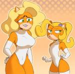 2018 4_fingers activision anthro armwear bandicoot benaticbro big_breasts blonde_hair bottom_heavy breast_envy breasts clothing coco_bandicoot colored crash_bandicoot_(series) curvy_figure duo elbow_gloves female fingers frown fur gloves green_eyes hair handwear hi_res hourglass_figure latex latex_clothing leotard mammal marsupial navel orange_body orange_fur pose side_boob simple_background size_difference small_breast_angst small_breasts smile standing tawna_bandicoot thick_thighs tight_clothing