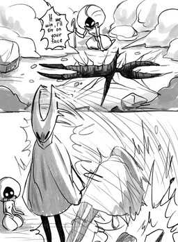 anthro blush dialogue dirty_talk dust_cloud female hole_(pit) motion_lines motion_outline motivational_speech smashing standing text boopie hollow_knight:_silksong hollow_knight_(franchise) one-punch_man one_(manga) team_cherry hornet_(hollow_knight) lace_(hollow_knight:_silksong) arthropod insect absurd_res comic english_text hi_res meme monochrome