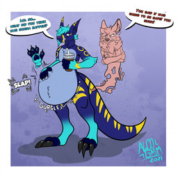 anthro belly belly_slap beverage big_belly claws clenched_teeth container crossed_arms cup dialogue digestion digestion_noises disposable_cup duo eye_contact fangs fatal_vore fur hair half-closed_eyes holding_beverage holding_container holding_cup holding_object looking_at_another male narrowed_eyes nude overweight overweight_anthro overweight_male paws shadow slap slap_(sound_effect) soft_vore sound_effects speech_bubble standing tail teeth text vore awoogasm marlin_(hungryblueroo) vox_(awoogasm) canid canine canis ghost kangaroo macropod mammal marsupial spirit wolf 2021 hi_res signature