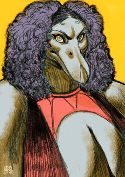 anthro beak big_breasts breasts cleavage cleavage_cutout clothed clothing cutout eyebrows eyelashes eyeliner female grey_body hair huge_breasts makeup purple_hair red_clothing simple_background sleeveless_topwear solo wrestler wrestling_outfit yellow_background dyna_soar avian demon vulture_demoness 2026 digital_drawing_(artwork) digital_media_(artwork) half-length_portrait hi_res portrait signature sketch
