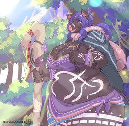 anthro areola areola_slip big_breasts black_body black_fur bodypaint bottomwear bra breasts cape cleavage clothed clothing cloud day female female_anthro forest fur glistening glistening_breasts glistening_eyes grass green_cape green_clothing hair hair_over_eye holding_object holding_staff huge_breasts logo loincloth markings navel outside overweight overweight_anthro overweight_female pink_nose plant purple_bottomwear purple_bra purple_clothing purple_eyes purple_hair purple_loincloth purple_underwear shrub sky solo staff standing text thick_thighs tree tribal tribal_markings underwear white_bodypaint wide_hips sasanoha6011 domestic_pig mammal suid suine sus_(pig) artist_logo artist_name hi_res
