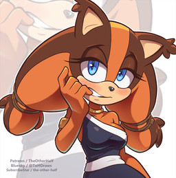 anthro armlet blue_eyes blush breasts brown_hair clothed clothed_anthro clothed_female clothing dress female fur hair jewelry looking_at_viewer multicolored_hair necklace orange_body orange_fur orange_hair solo sticks_naughty_face text two_tone_hair the_other_half sega sonic_boom sonic_the_hedgehog_(series) sticks_the_jungle_badger badger mammal mustelid musteline 2024 english_text hi_res