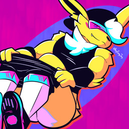 anthro butt clothing fur looking_at_viewer male simple_background solo undressing undressing_self yellow_body yellow_fur fizzyjay nintendo pokemon fan_character jay_(fizzyjay) eeveelution generation_1_pokemon jolteon mammal pokemon_(species) 1:1 digital_media_(artwork) hi_res