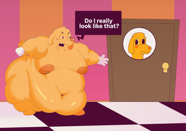 annoyed anthro areola belly big_belly big_butt blush blush_stickers butt checkered checkered_floor clothing dialogue door doorway floppy_ears fur glistening_eyelids gloves half-closed_eyes hallway handwear huge_butt male moobs morbidly_obese narrowed_eyes navel nipple_dip obese overweight overweight_male paws picture_frame solo standing text thick_thighs unimpressed white_clothing white_gloves white_handwear wide_hips thesillycat1 weirdocat glitch_productions the_amazing_digital_circus scratch_(tadc) bird_dog canid canine canis domestic_dog golden_retriever hunting_dog mammal retriever 2026 english_text hi_res icon