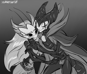 5_fingers anthro duo fingers hair horn zummeng hollow_knight_(franchise) team_cherry grimm_(hollow_knight) arthropod insect lepidopteran moth 2018 digital_media_(artwork) greyscale monochrome