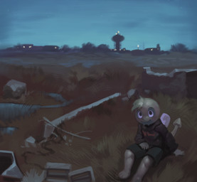 ambiguous_gender anthro anthrofied barefoot blonde_hair blue_markings bottomwear building clothing feet hair hoodie landscape looking_at_viewer markings night outside shorts sitting sitting_on_ground sky smile smiling_at_viewer solo tail topwear water_tower yellow_body young young_anthro apis_(artist) nintendo pokemon caprino_bencivenni dunsparce generation_2_pokemon pokemon_(species) 2019