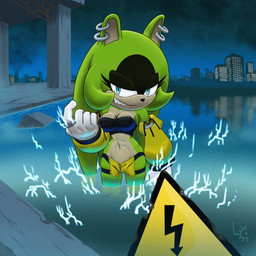 abs blue_eyes breasts city city_background cityscape clothed clothing cloud cloudy_sky ear_piercing ear_ring electricity female glistening glistening_eyes green_body inviting medium_breasts piercing ring ring_piercing ruins sharp_teeth sky sleeves solo strapless_clothing strapless_topwear teeth topwear warning_sign water wide_hips fuzzycogs idw_publishing sega sonic_the_hedgehog_(comics) sonic_the_hedgehog_(idw) sonic_the_hedgehog_(series) surge_the_tenrec afrosoricid mammal tenrec 1:1 absurd_res hi_res
