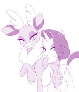 cutie_mark duo eyeshadow female feral hair half-closed_eyes horn long_hair makeup narrowed_eyes scarf simple_background smile white_background dstears friendship_is_magic hasbro my_little_pony mythology them's_fightin'_herds rarity_(mlp) velvet_reindeer_(tfh) deer equid equine mammal mythological_creature mythological_equine new_world_deer reindeer unicorn 2015 crossover