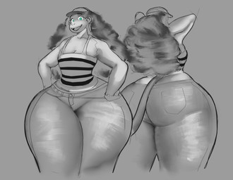alternate_species anthro big_butt bottom_heavy bottomwear breasts butt cleavage clothed clothing ear_piercing ear_ring female fluffy fluffy_hair furrification green_eyes grey_background hair halter_top hands_on_hips hoop_ear_ring huge_butt huge_hips huge_thighs long_hair looking_at_viewer pants piercing ring_piercing simple_background small_breasts solo standing thick_thighs tight_bottomwear tight_clothing tight_pants wide_hips quattrant disney inner_workings kate_(inner_workings) haplorhine mammal monkey primate 2025 absurd_res greyscale hi_res monochrome sketch