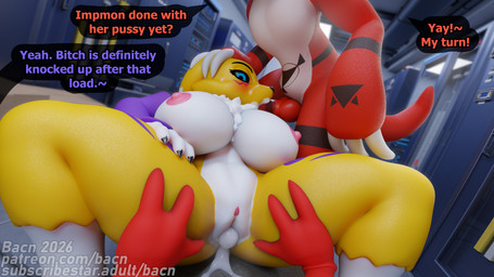 anthro areola big_breasts blush bodily_fluids breasts claws clothing cum cum_in_vagina cum_inside detailed_background dialogue female female_penetrated fingers genital_fluids genitals gloves group group_sex hand_on_head handwear huge_breasts impregnation_attempt inside knot knotted_penis leaking_cum male male/female male_penetrating markings nipples nude oral oral_penetration penetration penile penis sex speech_bubble spread_legs spreading tail text threesome trio vaginal vulva white_body yellow_body bacn bacn_(modeler) bandai_namco digimon guilmon_(bacn) impmon_(bacn) renamon_(bacn) canid canine digimon_(species) fox guilmon imp impmon mammal renamon scalie 2026 3d_(artwork) absurd_res blender_(artwork) blender_cycles_(artwork) digital_media_(artwork) english_description english_text hi_res