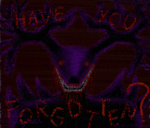 ambiguous_gender anthro antlers black_body blood bodily_fluids hell horn nightmare_fuel open_mouth red_eyes simple_background solo spikes teeth text violet_foxytosin american_mythology indigenous_north_american_mythology mythology north_american_mythology demon wendigo hi_res