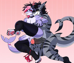 anthro ball_fondling balls belt_buckle big_penis buckle clothing duo fondling footwear genitals humanoid_genitalia humanoid_penis male male/male penis rubbing_penis size_difference socks thong thong_down underwear alexisgoyle darius_goyle sharknight aquatic fish shark absurd_res hi_res
