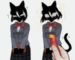 5_fingers ambiguous_gender ambiguous_human anthro bangs big_eyes black_body black_ears black_fur black_hair black_tail blush blush_lines book bottomwear bow_(feature) bow_tie breasts button_(fastener) clothed clothed_anthro clothed_female clothing collared_shirt disembodied_hand dress_shirt duo eyelashes female female_anthro fingernails fingers fully_clothed fully_clothed_anthro fully_clothed_female fur glistening glistening_eyes grey_clothing grey_eyes grey_sclera grey_suit hair highlights_(coloring) holding_book holding_object light_body light_skin looking_at_viewer monotone_body monotone_fur monotone_tail mostly_offscreen_character mostly_offscreen_human motion_lines mouthless nails noseless pattern_bottomwear pattern_clothing pattern_skirt plaid plaid_bottomwear plaid_clothing plaid_skirt pupils question_mark red_bow_tie shirt simple_background skirt slit_pupils small_breasts solo_focus sparkles suit surprise surprised_expression tail tail_motion tailwag topwear white_clothing white_highlights white_shirt white_topwear akiko_(artist) kuroi-san_(hiroki_katsumata) domestic_cat felid feline felis human mammal 2025 absurd_res digital_media_(artwork) hi_res sequence shaded