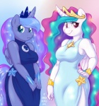 anthro anthrofied breasts clothing dress duo feathered_wings feathers female horn looking_at_viewer princess royalty slightly_chubby wings onnanoko friendship_is_magic hasbro my_little_pony mythology princess_celestia_(mlp) princess_luna_(mlp) equid equine mammal mythological_creature mythological_equine winged_unicorn digital_media_(artwork) shaded