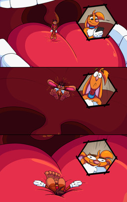 3_toes 4_fingers anthro big_feet big_tongue cartoon_gloves cartoon_physics duo feet fingers inside_mouth macro male male/male mawplay micro pawpads paws red_tongue soft_vore soles tail toes tongue toony toony_moment uvula vore doggydog doggydog_(character) roderick_(tamerkoh) toon_doggydog_(doggydog) canid canine canis domestic_dog lagomorph leporid mammal rabbit absurd_res comic hi_res