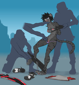 abs anthro assault assisted_exposure biped black_hair breasts clothed clothing ear_piercing female footwear genitals group hair markings melee_weapon panties piercing purple_clothing questionable_consent sexual_assault shoes small_breasts striped_markings striped_tail stripes sword tail tail_markings torn_clothing underwear vulva weapon joeyjazz aunix_(nanovyne) felid mammal pantherine tiger absurd_res hi_res