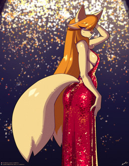 anthro blush blush_stickers breasts clothing dress eyelashes female glistening glistening_breasts hair hair_down long_eyelashes long_hair orange_hair side_boob solo tan_body lyorenth-the-dragon undertale_(series) undertale_yellow ceroba_ketsukane canid canine fox mammal 2026 hi_res