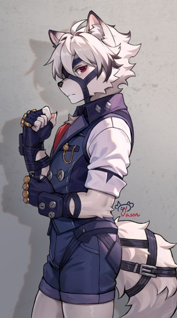 anthro belt bottomwear claws clothing fingerless_gloves fur gloves hair handwear looking_at_viewer male red_eyes shirt shorts side_view solo tail topwear vest white_body white_fur jason_xiaojie mihoyo zenless_zone_zero von_lycaon canid canine canis mammal thiren wolf 2023 hi_res