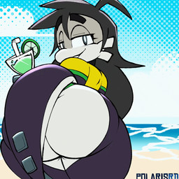 4_fingers ambiguous_gender anthro beach beak beverage big_butt bikini bikini_thong bodily_fluids bottomwear butt choker clothing cloud container crop_top cup curvy_figure drinking_glass drinking_straw eyebrows eyelashes fingers flag_bikini food fruit glass glass_container glass_cup green_eyes hair half-closed_eyes hourglass_figure huge_butt huge_thighs jewelry light lime long_hair looking_at_viewer multicolored_body narrowed_eyes navel necklace outside plant purple_body sand shaking_butt shirt sky smile solo sunlight sweat sweatdrop swimwear swinging_tail tail text thick_eyebrows thick_tail thick_thighs thong topwear two-piece_swimsuit underwear water wide_hips polarisatr_(artist) tirt_(tirt_the_thing) tirt_(tirtthething) chimera 1:1 2d_animation animated artist_name digital_media_(artwork) frame_by_frame hi_res loop shaded short_playtime signature