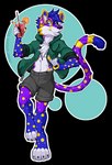 alpha_channel amber_williams anthro beverage black_nose blue_eyes blue_hair bottomwear canid chest_tuft clothed clothing fur hair hybrid male mammal navel open_clothing open_topwear purple_body purple_fur shorts sofox_(sofox) solo topwear tuft