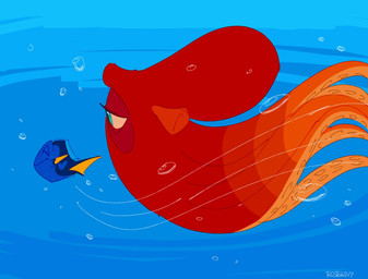blue_background blue_body blue_eyes duo eyes_closed female feral fish_tail following orange_body orange_head orange_tentacles simple_background tail tentacles underwater water yellow_fin yellow_tail seddient disney finding_dory finding_nemo pixar dory_(finding_nemo) hank_(finding_dory) aquatic fish giant_pacific_octopus 2022 hi_res watermark