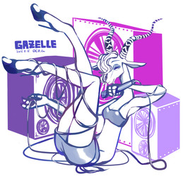 anthro biped cable clothing electronics eyebrows eyelashes female footwear fur hair high_heels horn legs_up looking_at_viewer microphone shoes simple_background solo speaker white_background rokutenachimutsu disney zootopia gazelle_(zootopia) antelope bovid gazelle mammal cool_colors restricted_palette