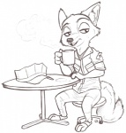 anthro beverage biped chair clothed clothing coffee furniture half-closed_eyes hat headgear headwear male narrowed_eyes simple_background sitting solo table alec8ter conditional_dnp disney fallout microsoft zootopia nick_wilde canid canine fox mammal red_fox true_fox 2016 black_and_white monochrome signature