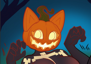anthro bone claws female for_a_head gradient_background jack-o'-lantern markings pumpkin_head simple_background skeleton skeleton_(marking) solo revkoen epic_games fortnite helloween spice_(fortnite) felid feline mammal object_head colored_sketch sketch
