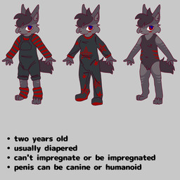 anthro black_body black_fur clothed clothing flaccid footed_sleeper fur genitals grey_body grey_fur grey_markings intersex leg_warmers legwear looking_at_viewer maleherm markings micropenis mouthless nipples nude off/on onesie overalls penis red_eyes red_markings small_penis solo stated_age stated_young striped_markings stripes sweater text toddler topwear triangle_nose vulva young young_anthro rhapsody_tenrai rhapsody_tenrai_(character) canid canine canis mammal wolf 1:1 2026 aliasing binary_drawing digital_drawing_(artwork) digital_media_(artwork) english_text hi_res model_sheet multiple_images