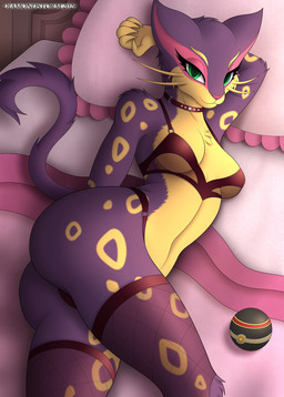 anthro bed bed_sheet bedding bedroom bedroom_eyes bra breasts butt choker clothing curvy_figure diamond_(gem) female fishnet_clothing fishnet_legwear fur furniture gem green_eyes jewelry legwear lingerie looking_at_viewer luxury_ball markings narrowed_eyes necklace panties pillow pokeball pose purple_body purple_fur red_clothing seductive solo spots spotted_markings stockings tail underwear whiskers wide_hips yellow_body yellow_fur diamondstorm nintendo pokemon felid generation_5_pokemon leopard liepard mammal pantherine pokemon_(species) hi_res