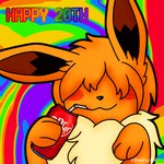2024 :3 ambiguous_gender beverage_can birthday blush blush_lines blush_stickers chest_tuft colorful_background colorful_theme dr_pepper drinking_soda drinking_straw eevee english_text feral feral_with_hair generation_1_pokemon hair hair_over_eyes happy happy_birthday head_tuft headshot_portrait munchkin_(jackrabbit) nintendo pokemon pokemon_(species) portrait remruff shaded sipping solo text tuft watermark