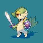 ambiguous_gender anthro clothing fingers front_view green_body green_tail hat headgear headwear holding_object holding_weapon melee_weapon orange_eyes shield simple_background solo standing sword tail weapon advos nintendo pokemon the_legend_of_zelda generation_5_pokemon pokemon_(species) snivy 1:1 2025 digital_media_(artwork)