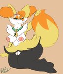 accessory anthro bedroom_eyes bell bell_collar big_breasts breasts collar female genitals green_eyes headband holding_tail inner_ear_fluff narrowed_eyes nipples pussy seductive simple_background solo tail tuft wide_hips rachellebun nintendo pokemon braixen generation_6_pokemon pokemon_(species) hi_res