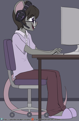 anthro black_hair brown_eyes buckteeth chair clothed clothing computer electronics eyewear footwear fur furniture glasses grey_body grey_fur hair headgear headphones headset male open_mouth pink_nose shoes slippers solo teeth fuf mammal murid murine rat rodent hi_res